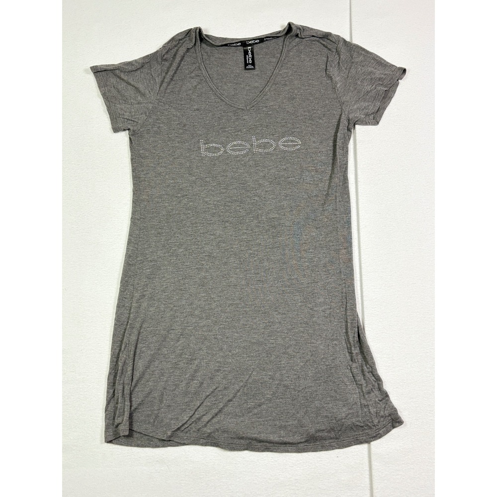 Bebe Sleepwear Womens Gray Rhinestone Logo V-Neck Short Sleeve Sleep Shirt S